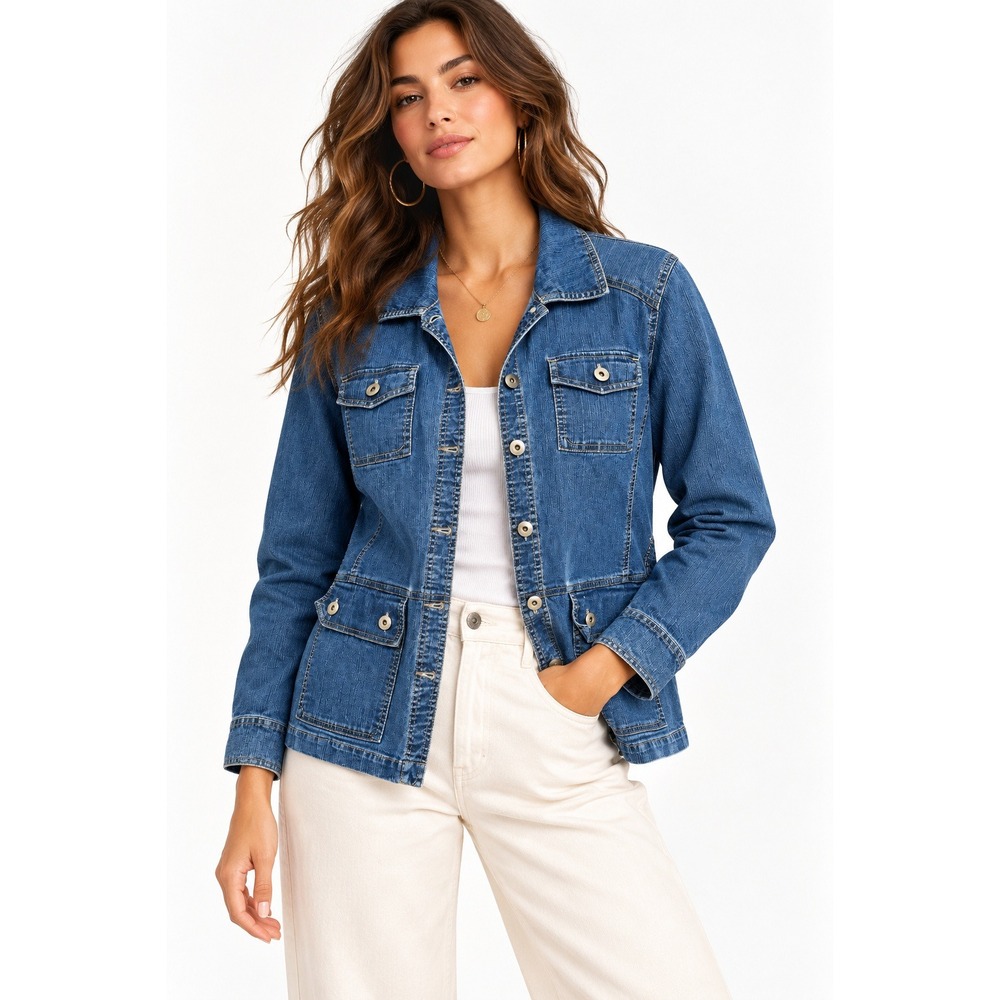 Erika Womens Medium Wash Denim Utility Jacket Button Up Four Pocket Size M